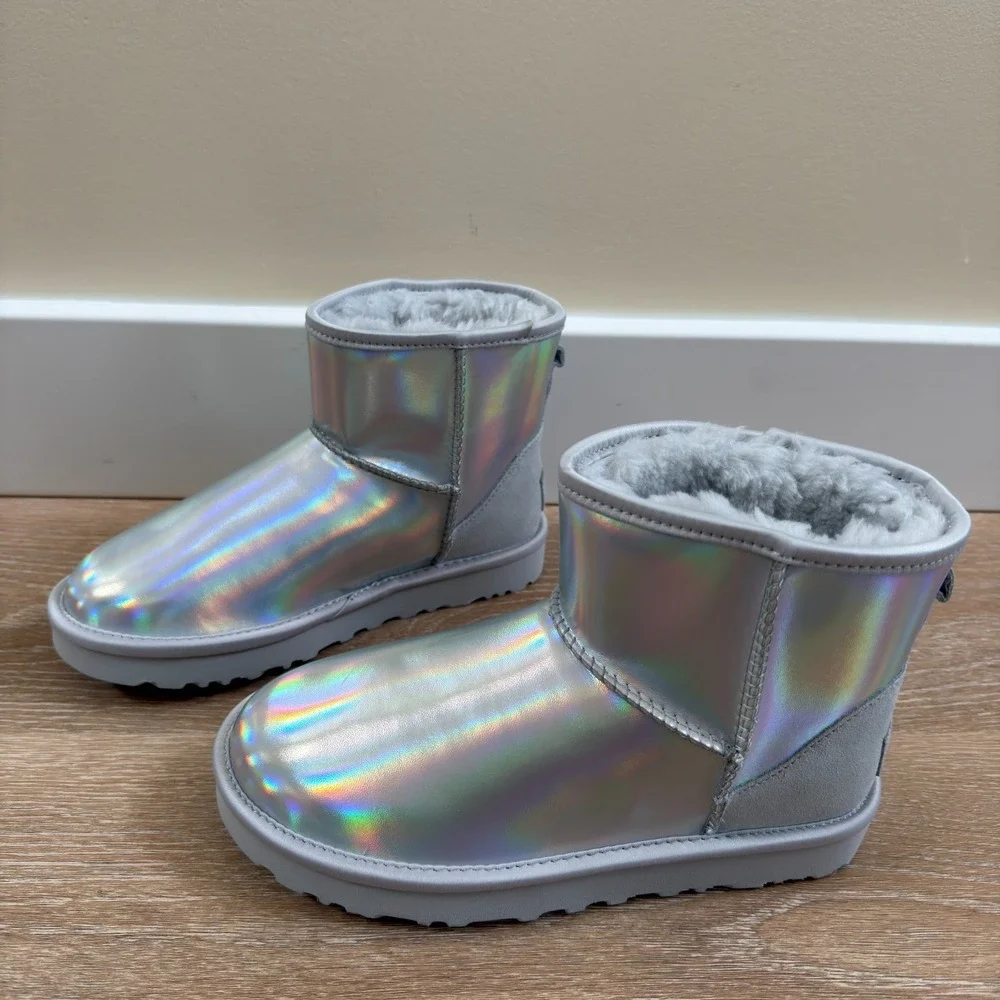 UGG Australia Classic Mini Iridescent Ankle Boots Silver Gray Women's Size US 5